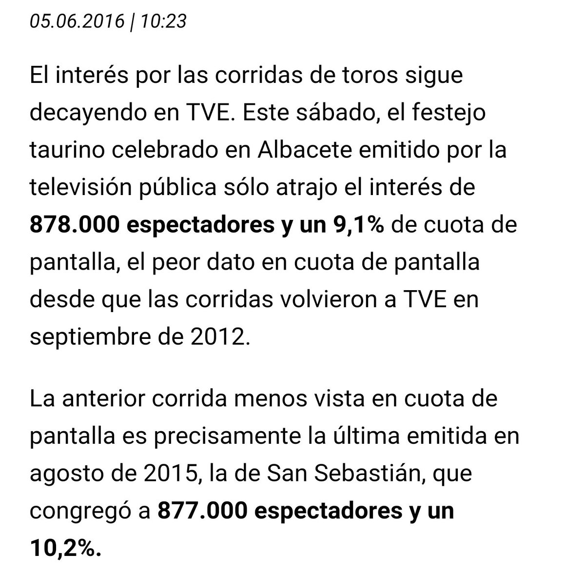 World_AnimalES's tweet photo. Nuevo mínimo de audiencia para los #TorosTVE , esta "tradición" sangrienta tiene sus días contados. #NoTorosEnRTVE https://t.co/dp2ArCJZCN