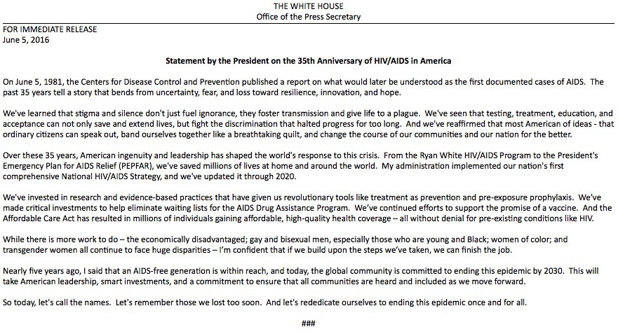 'Let's rededicate ourselves to ending this epidemic' —@POTUS on the 35th anniversary of HIV/AIDS in America