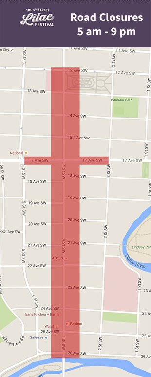 CalgaryPolice's tweet photo. Today is #LilacFest2016. Please note the following #yyc road closures until 9 pm tonight. Enjoy the day! #Calgary https://t.co/nIan0jpk7z