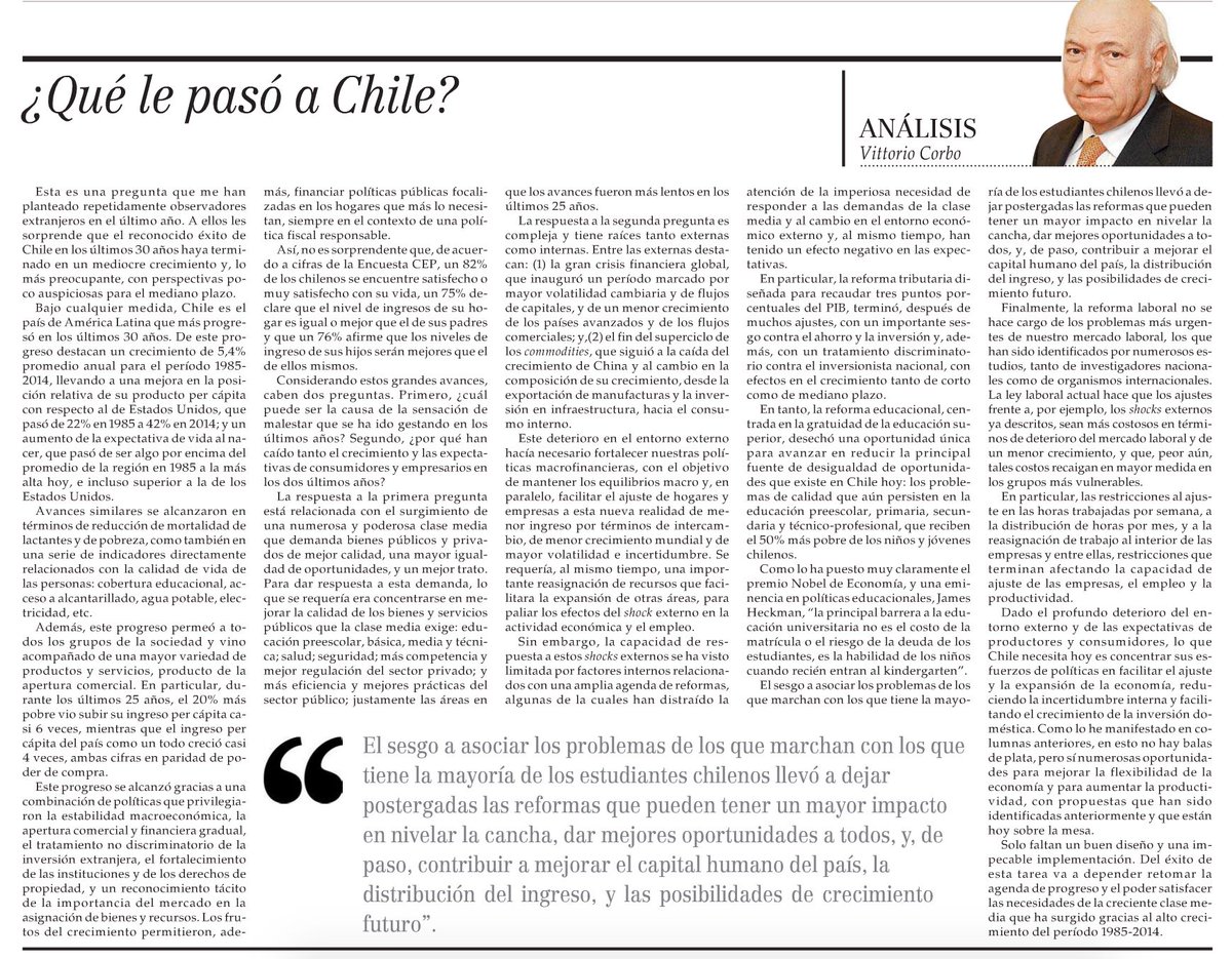 Muy buena esta columna de Vittorio Corbo "¿Qué le pasó a Chile?". No la deje pasar sin leer este domingo