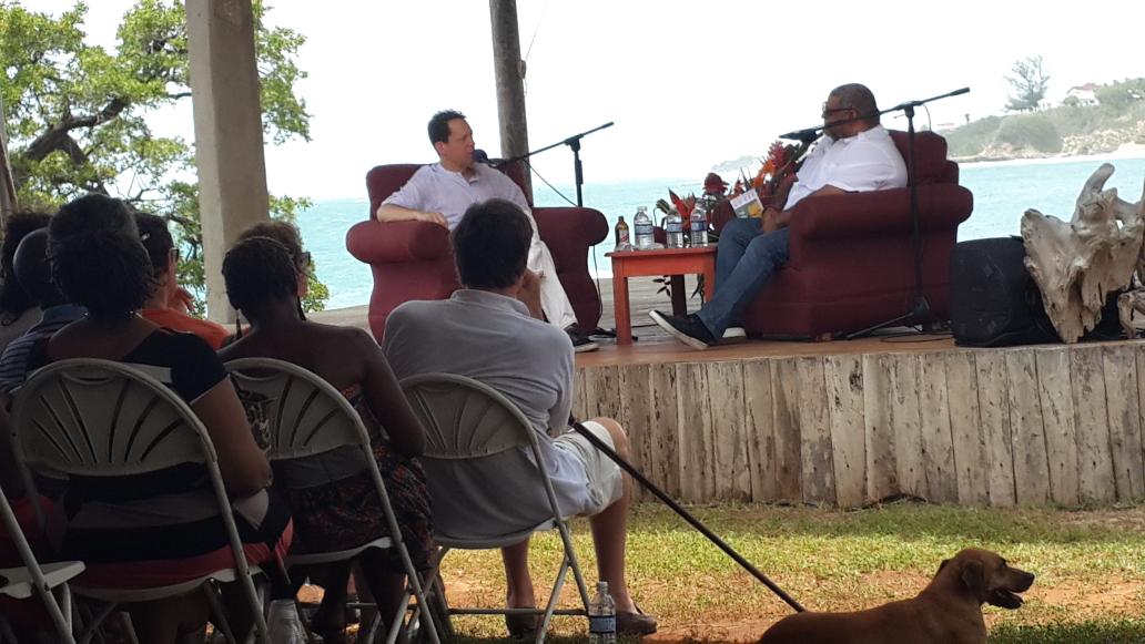 PaulaDL16's tweet photo. #Calabash2016 author of The Face, Chris Abani (Nigeria) in conversation with Paul Holdengraber, Treasure Beach https://t.co/UAfMepWc54