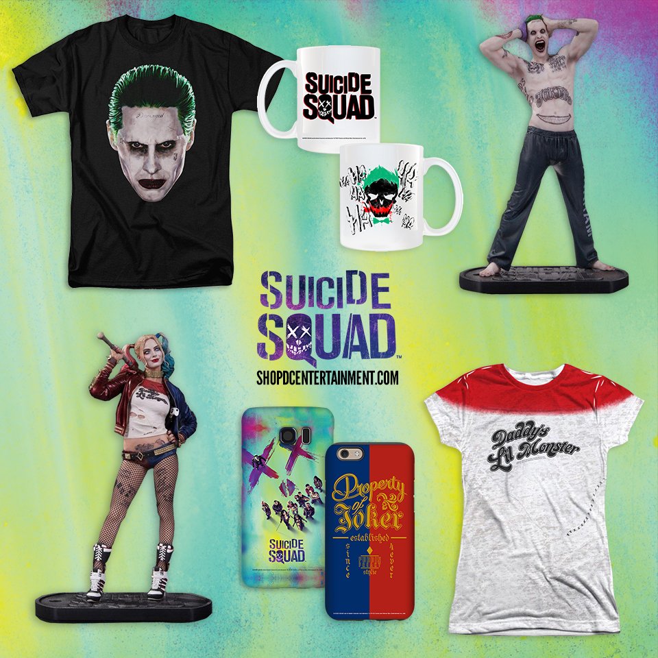 DCOfficial's tweet photo. Official &amp; exclusive #SuicideSquad merch is here @ShopDCE, puddin’! https://t.co/SCDYrGnkfo https://t.co/P4MGMaVjam