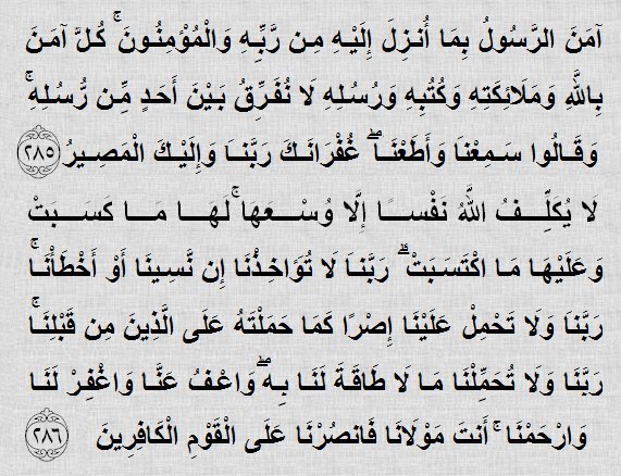 قَالَ رَسُولُ اللَّهِ ﷺ : مَنْ قَرَأَ بِالْآيَتَيْنِ مِنْ آخِرِ سُورَةِ الْبَقَرَةِ فِي لَيْلَةٍ كَفَتَاهُ