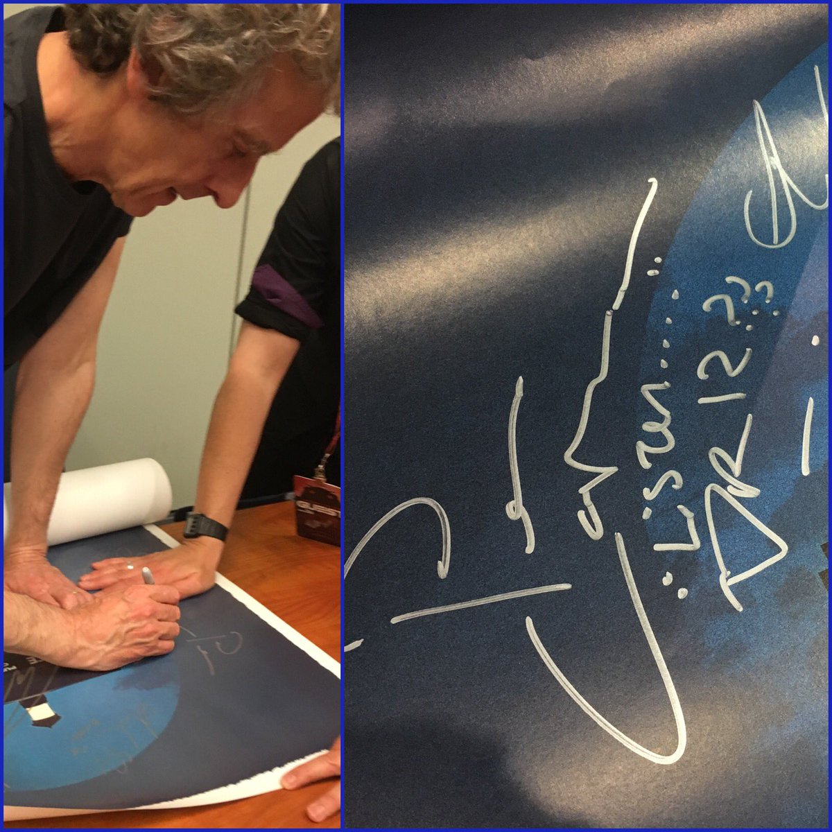 ajizzzle0's tweet photo. arrived @ 0800 and got #PeterCapaldi to sign our Tardis @ 1733!! #posterquest @jeffhalsey https://t.co/ali8xal0jT