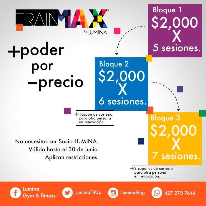 LuminaFitUp's tweet photo. ¡Conoce #TrainMAX a un precio excelente! Pide más información y haz tu cita en la recepción de #LUMINA #SJR #Qro https://t.co/SVhq3OtqYE