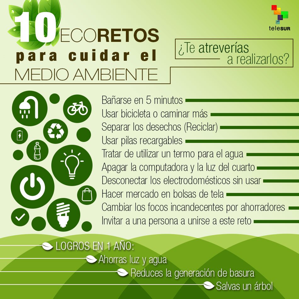 teleSURtv's tweet photo. ¿Te atreves a realizar estos 10 EcoRetos? #DíaMundialDelMedioAmbiente  https://t.co/GIXZo5u56P https://t.co/Umk0qODfRr