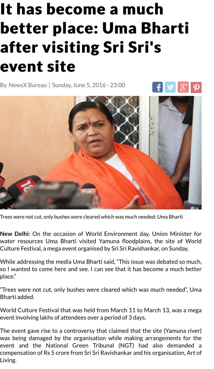 ArtofLivingABC's tweet photo. It has become a much better place: Uma Bharti after visiting @SriSri's event site. @NewsX  https://t.co/TGXhM3RJUL https://t.co/FRaQMgZsHy