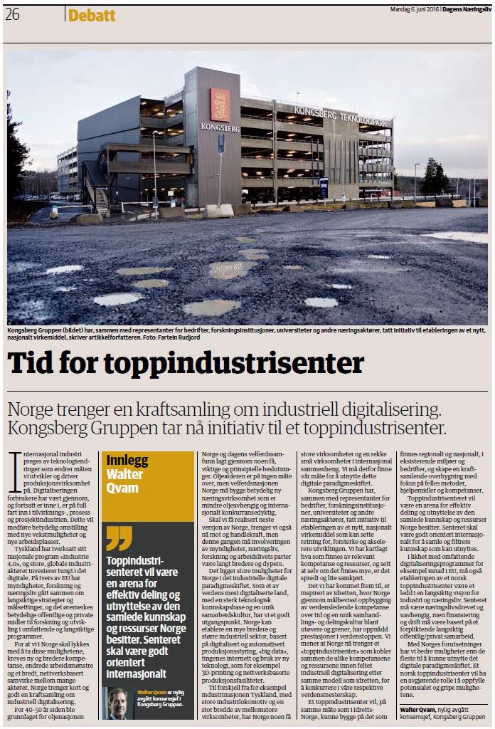 Vi trenger et #toppindustrisenter for å kraftsamle oss for fremtidens digitale industri, skriver jeg i dagens <a href="/DN_no/">Dagens Næringsliv</a>