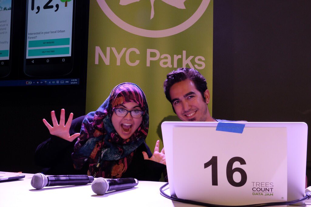 sugaroverflow's tweet photo. with @lucio_tolentino on the @CivicHall demo stage! #hackforchange #NYCtreesdata @NYCParks #datajam PC @noneck πβπ»οΈ https://t.co/kXoIqe5hX3