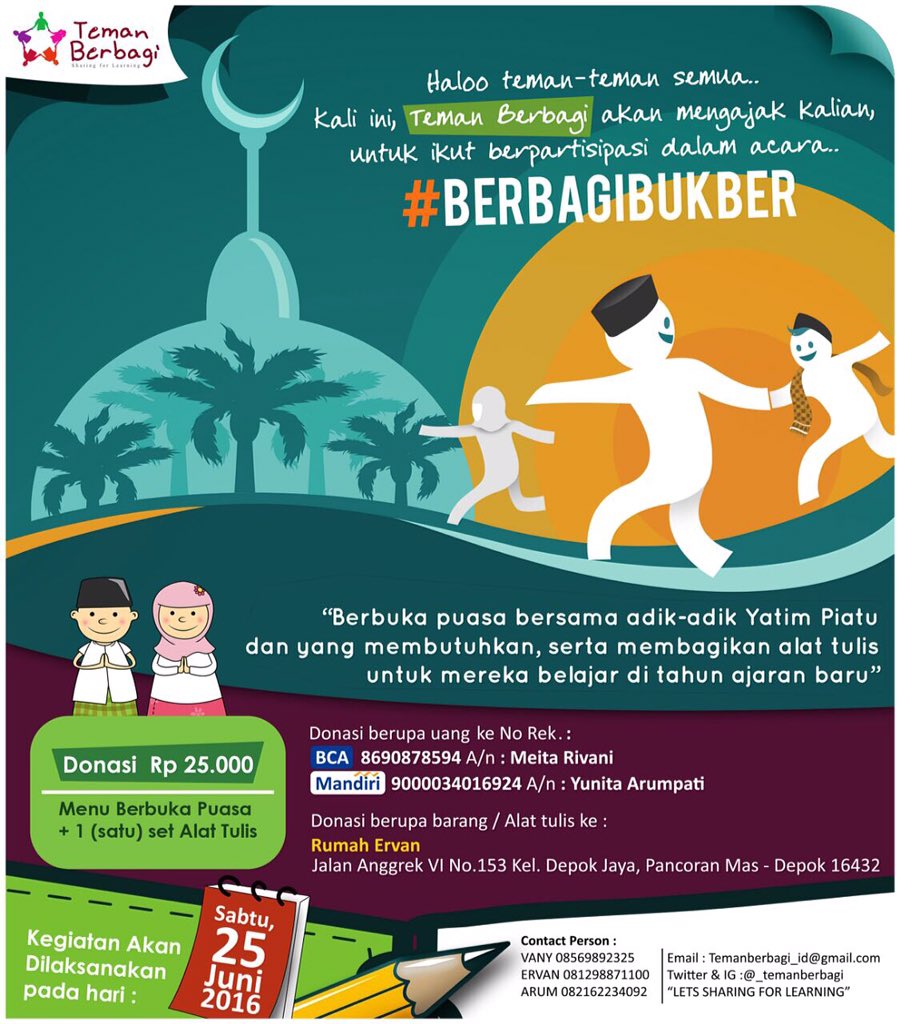 HOLLAA semua teman berbagi!
kami mengajak kalian untuk berpartisipasi dalam acara #BERBAGIBUKBER #TEMANBERBAGI