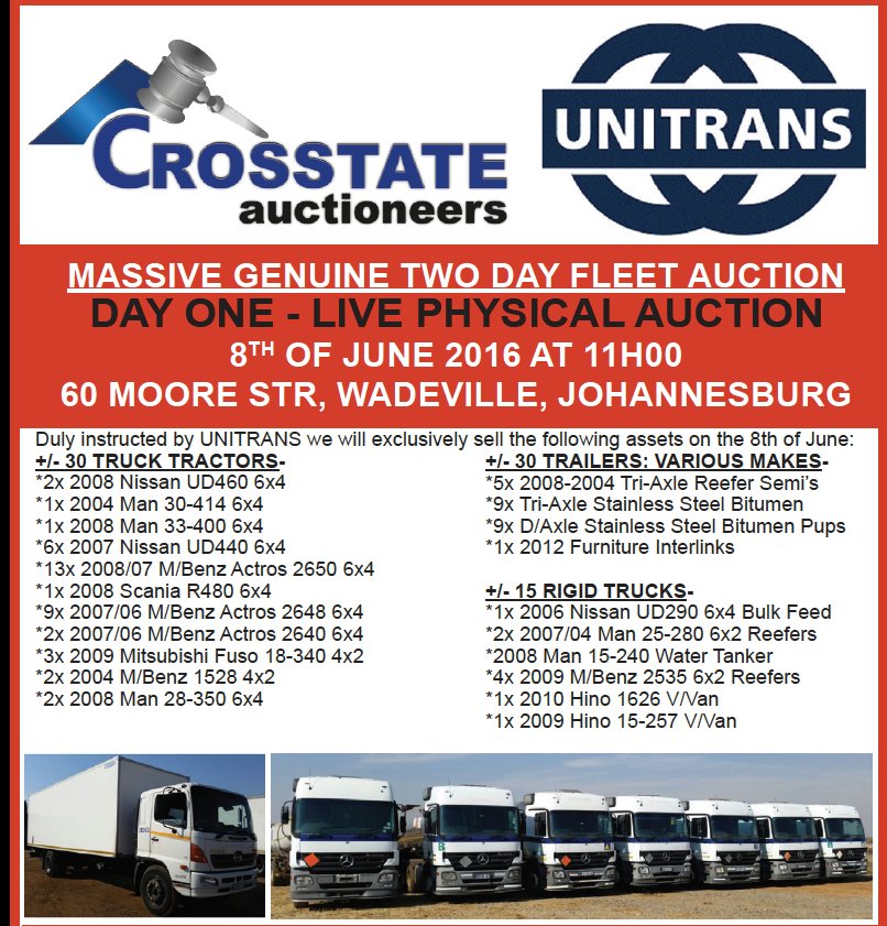 AuctionTraders's tweet image. UNITRANS DE-FLEET 8-9 JUNE hosted by CROSSTATE. 
DAY1 - YARD AUCTION / DAY2 - ONLINE AUCTION
Contact +27 11 894 7366