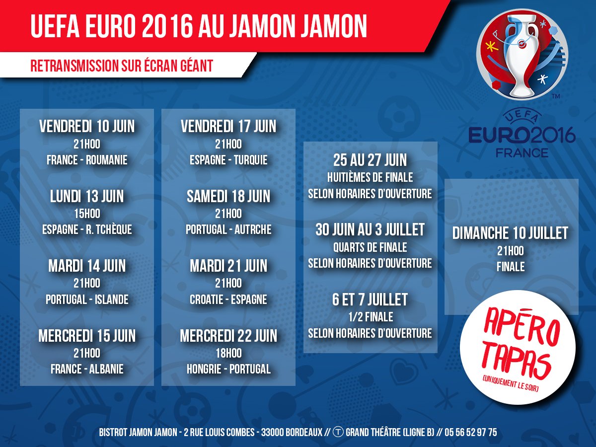 ⚽️ #UEFAEURO2016 : la programmation des rencontres diffusées au <a href="/_jamon_jamon/">L'Épicerie Bistrot</a>  à #Bordeaux !