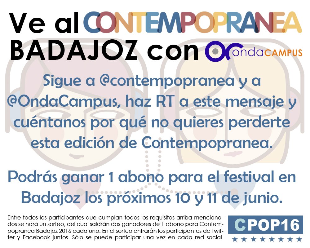 ¡ÚLTIMA OPORTUNIDAD para ir a #Contempopranea Badajoz 2016 con OndaCampus!

Hasta el miércoles 8 a las 12:00.