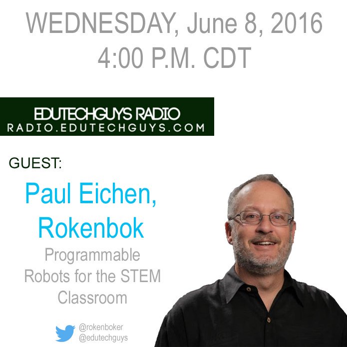 Rokenboker's tweet photo. Invited to talk about our new ROKduino robotics on @edutechguys Radio! From blocks to robotics, children and STEM. https://t.co/bNsspQvRgy
