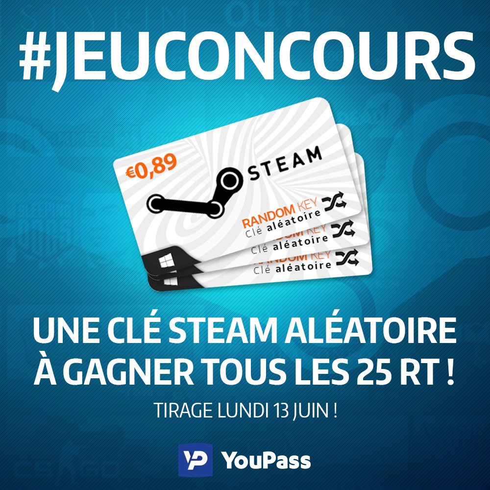 YouPassFR's tweet photo. Une clé Steam aléatoire à gagner tous les 25 RT 🎁

Faites moi péter ça 🔥

[+] https://t.co/tr98EWP3IF

TAS : 13 juin https://t.co/YdHELFhOKG