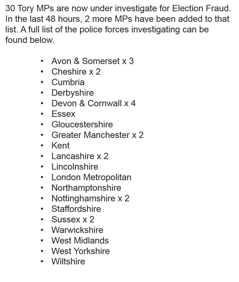 GerryHassan's tweet photo. This is a big test of UK democracy. Now 30 Tory MPs under formal investigation for Electoral Fraud. HT @LabourEoin https://t.co/8W3cqCd8bD