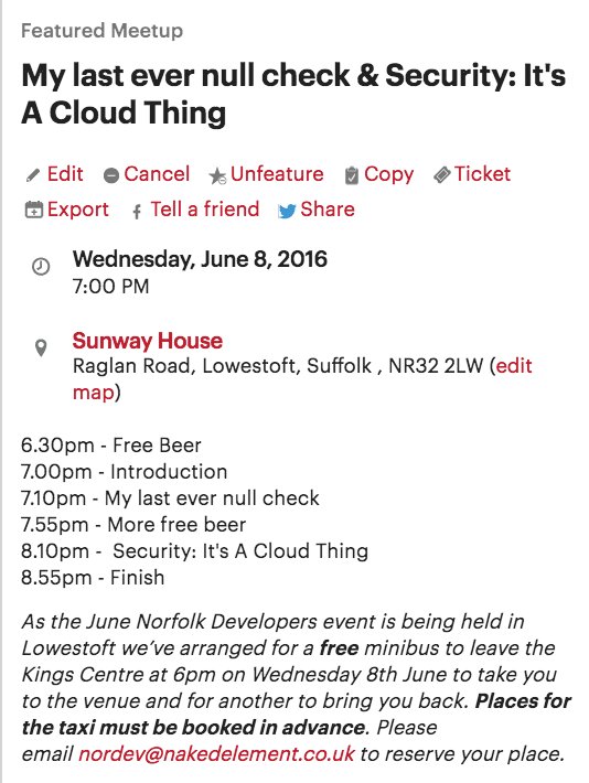 NorfolkDev's tweet photo. Will you be joining us for "My last ever #nullcheck & #Security: It's A Cloud Thing?" https://t.co/bkeRqDTNZ1 https://t.co/YV3xvw8VM3
