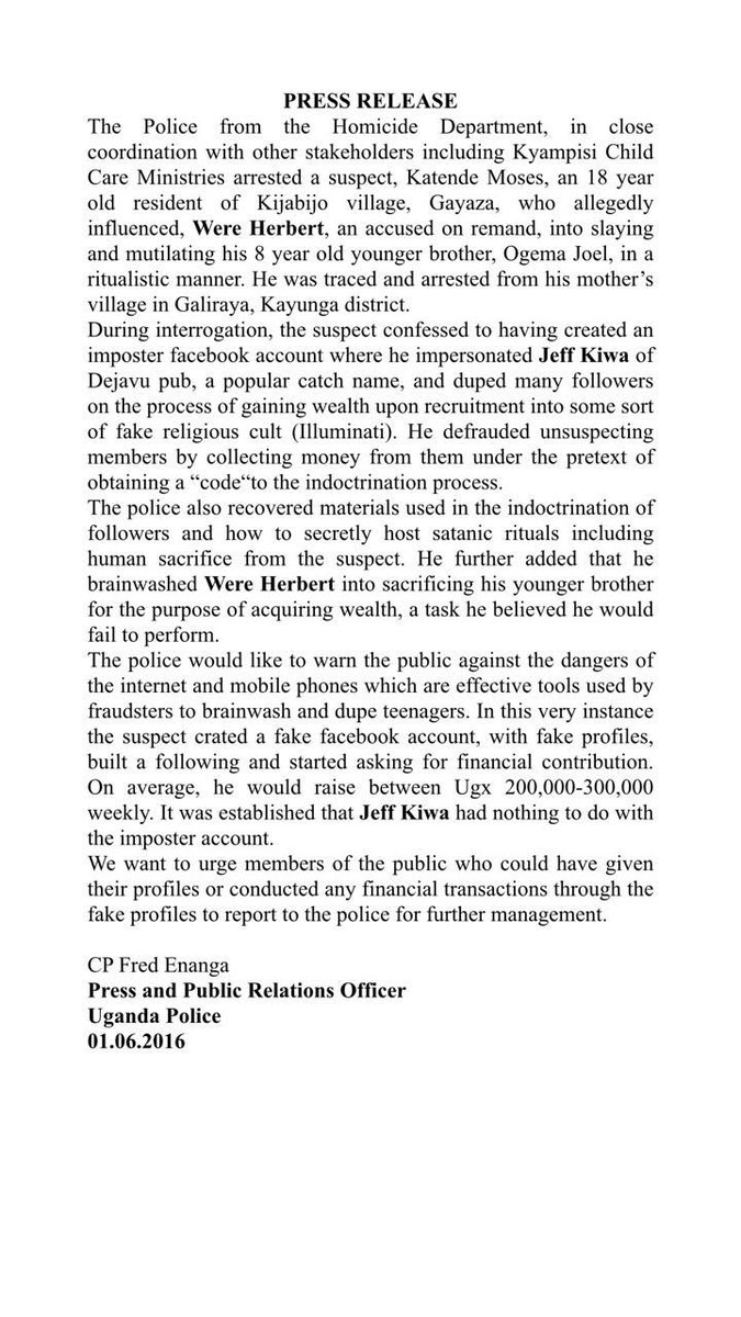 PoliceUg's tweet photo. We have arrested a suspect, Katende Moses who impersonated Jeff Kiwa on social media https://t.co/BMUTNob0T1