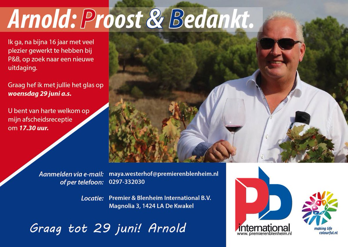Graag heft Arnold Koek @Arnoldpbibv met jullie het glas op woensdag 29 juni a.s. bij <a href="/PremierBlenheim/">Premier & Blenheim</a>