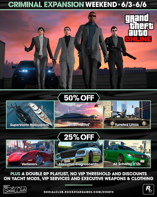 #GTAOnline Criminal Expansion Weekend
Last day for 2X RP Playlist + big ticket discounts: rsg.ms/bc34fd4