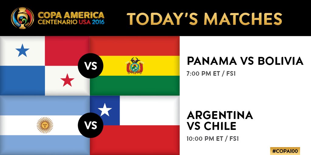 #WaysToWatch tonight's matches: <a href="/FS1/">FS1</a> at 7pm ET for the #PANvBOL match, then 10pm ET for the #ARGvCHI match #Copa100