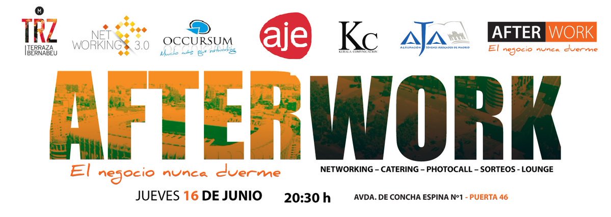 Próximo #Afterwork!16/06> TRZ Santiago Bernabéu junto a <a href="/Occursum/">Occursum Networking</a> y <a href="/AJA_Madrid/">AJA-Madrid</a> ¡No te lo pierdas!