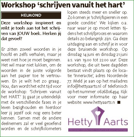 WORKSHOP ‘SCHRIJVEN VANUIT HET HART’ inspireert je tot het schrijven van JOUW boek. hettyaarts.nl