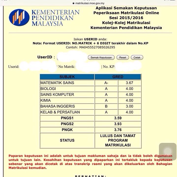 Keputusan matrikulasi 2021