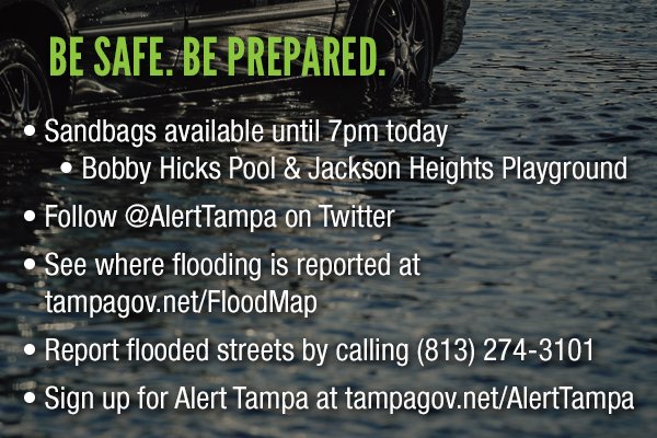 CityofTampa's tweet photo. Flooding reports are starting to roll in. Please stay off the roads if at all possible &amp; DO NOT drive through water! https://t.co/TYxMk9GyOz