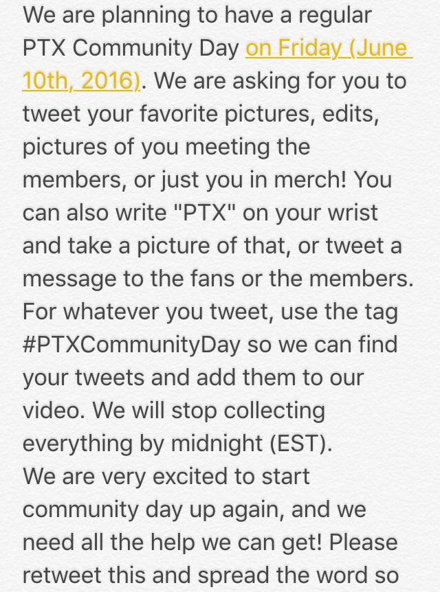 PTXCommunityDay's tweet photo. Are you guys ready? #PTXCommunityDay is coming back Friday, June 10th! Retweet to spread the word; we can't wait!☺️ https://t.co/SZwNBOH5J3