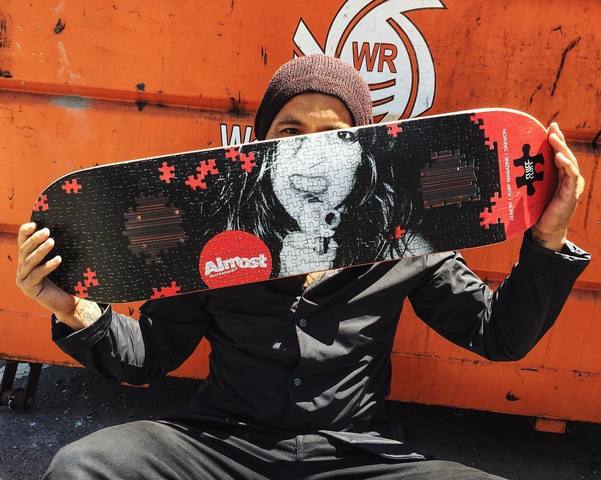 WarehouseSkate's tweet photo. The new @almostskate X @fluffmagazine puzzle #deck is lookin' good on @daewon1song! Shop: https://t.co/ttVd2j8qp5 https://t.co/SgBlw0V2i6
