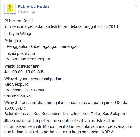 Niih, info pemadaman listrik dari #PLNAreaKediri
Monggo, di cek lagi. Bak kamar mandi udah pada penuh beluum?