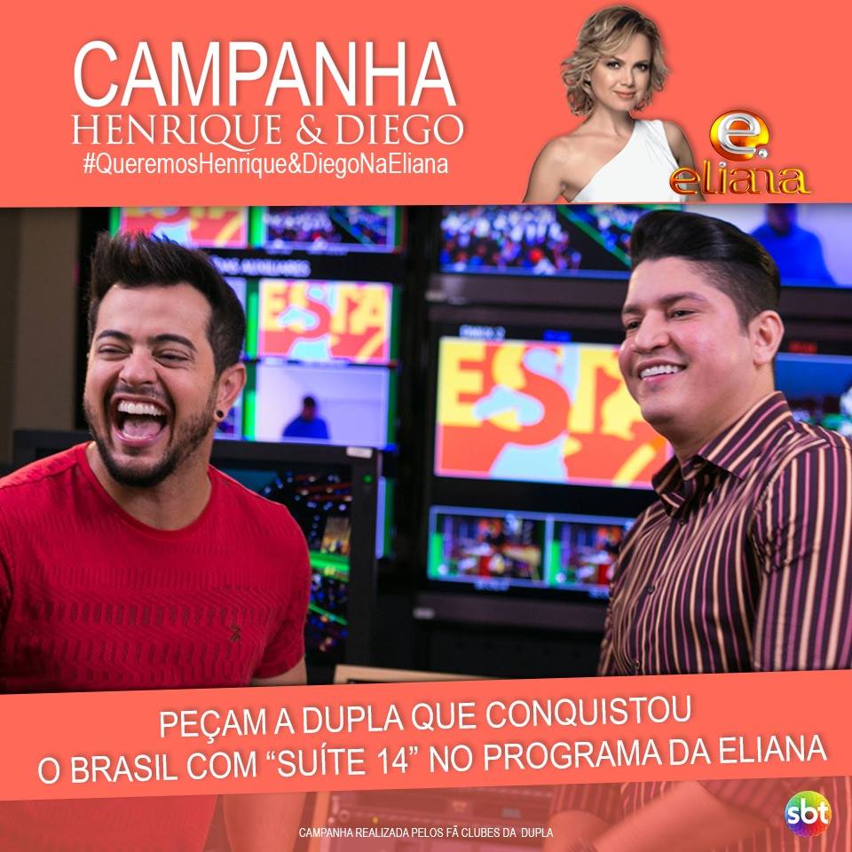 NewsHeD's tweet photo. Queremos a dupla @henriqueediego no Programa @Eliana! \O #HeDNoProgramaEliana #Suíte14 #SenhadoCelular #TempoCerto https://t.co/Qy44SHo0cO