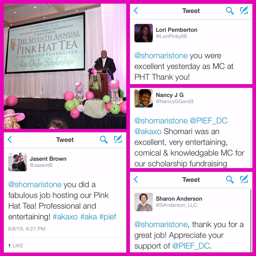 shomaristone's tweet photo. Thanks @LoriPinky68 @NancyGGand3 @SAnderson_LLC &amp; @JasentB. It was a pleasure
@PIEF_DC #akaxo @akaxo #PinkHatTea https://t.co/WMBJkSCGag