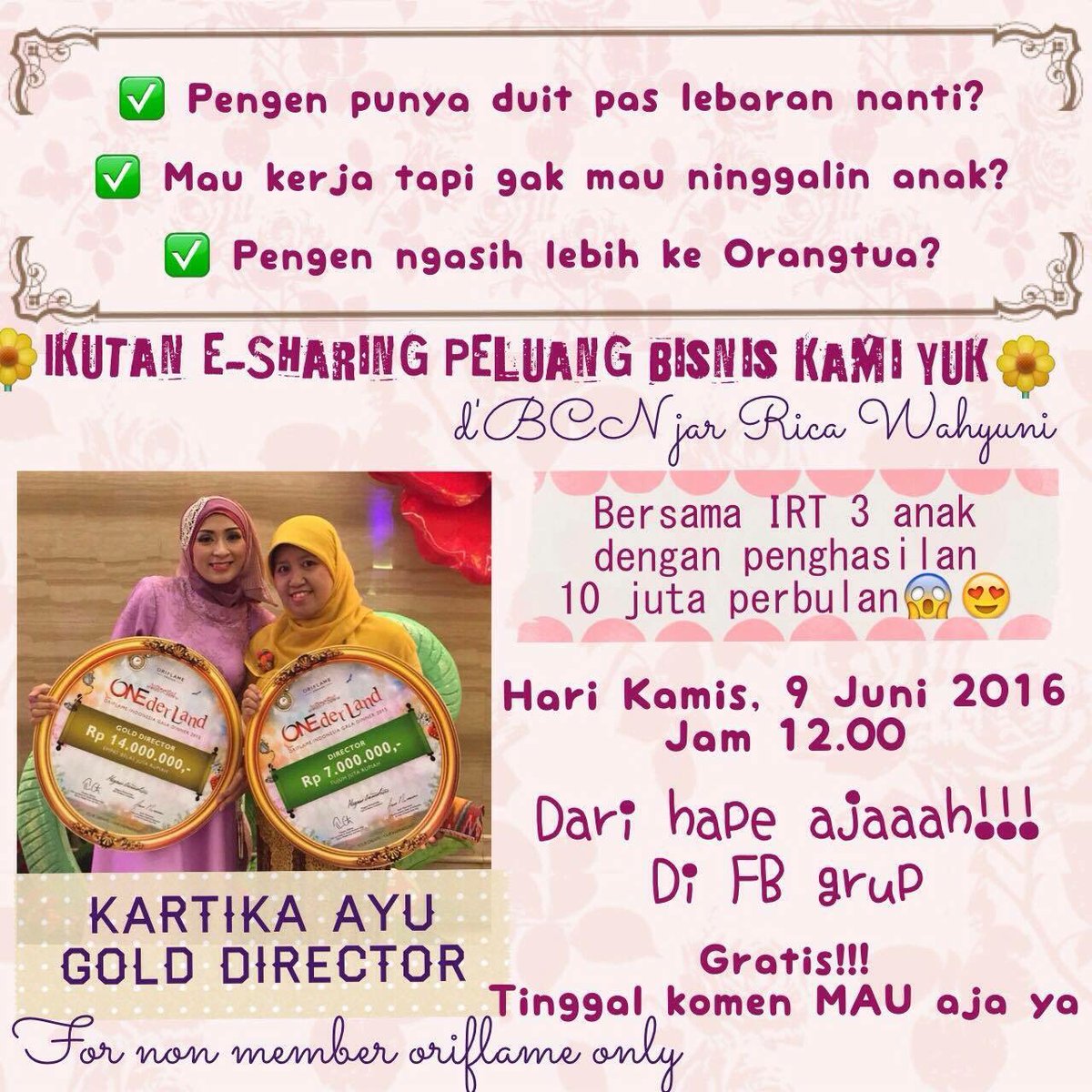 Yg blm gabung ikutan yuukk e-sharing via fb nya sm yg udh brpenghasilan 10jt prbulan.. Yg mau komen MAU aja lgsg ya