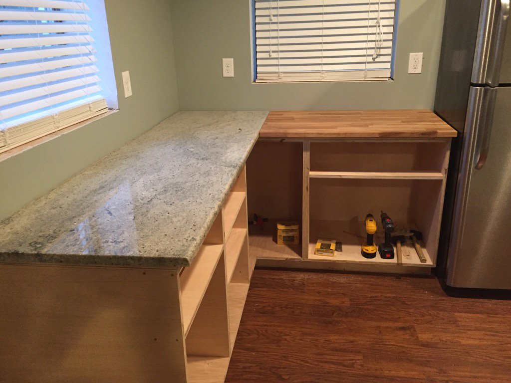 CraftyEsquire's tweet photo. #Granite, butcher block, and new #cabinets are going in. Can't wait to use my new #kitchen ! #DIY #homerenovation https://t.co/SMHTiFzekJ