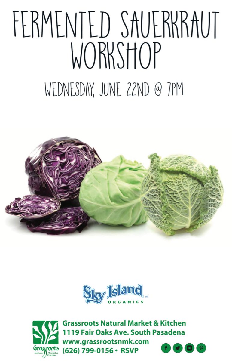 Grassroots1968's tweet photo. Please join @SkyIslandOrg @ Grassroots on 6/22 @ 7pm to learn how to make your very own Fermented Sauerkraut! https://t.co/tXGntCzUTU