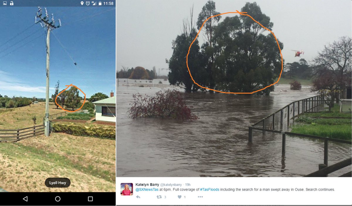 acebally's tweet photo. Ouse normally vs flooded yesterday. Pics via @jacksongs, @katelynbarry, mum &amp; dad #TasFloods #BigWetTas https://t.co/fNBYcuFHOR