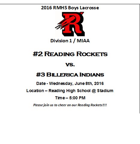 RMHSLacrosse's tweet photo. Rockets take on a tough Billerica squad, Wednesday 5PM @ The Reading Stadium. Come on down, we need a big crowd! https://t.co/2S4hC2fqCK