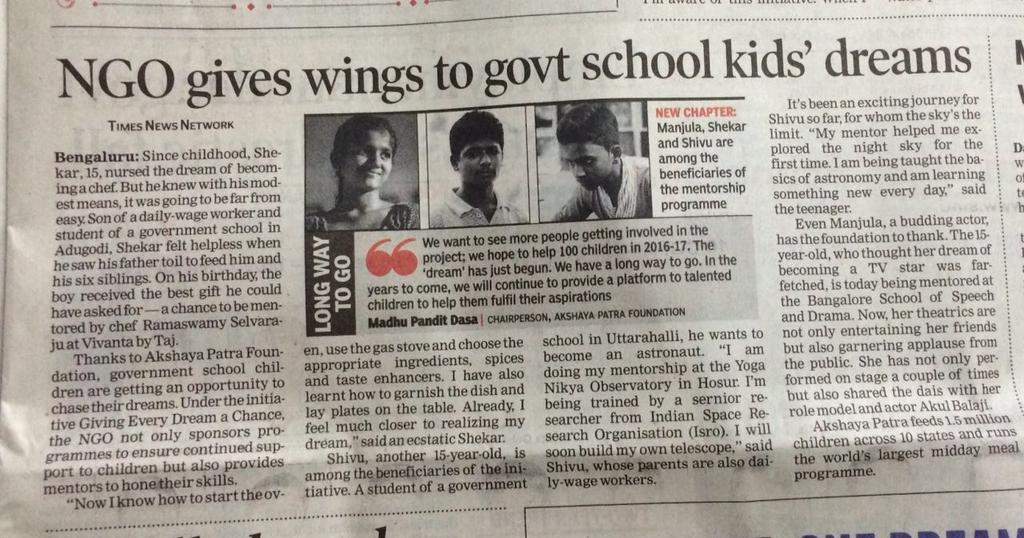 Curtain raiser for June 11th program in TOI today.... AkshayaPatra launches "giving every dream a chance"