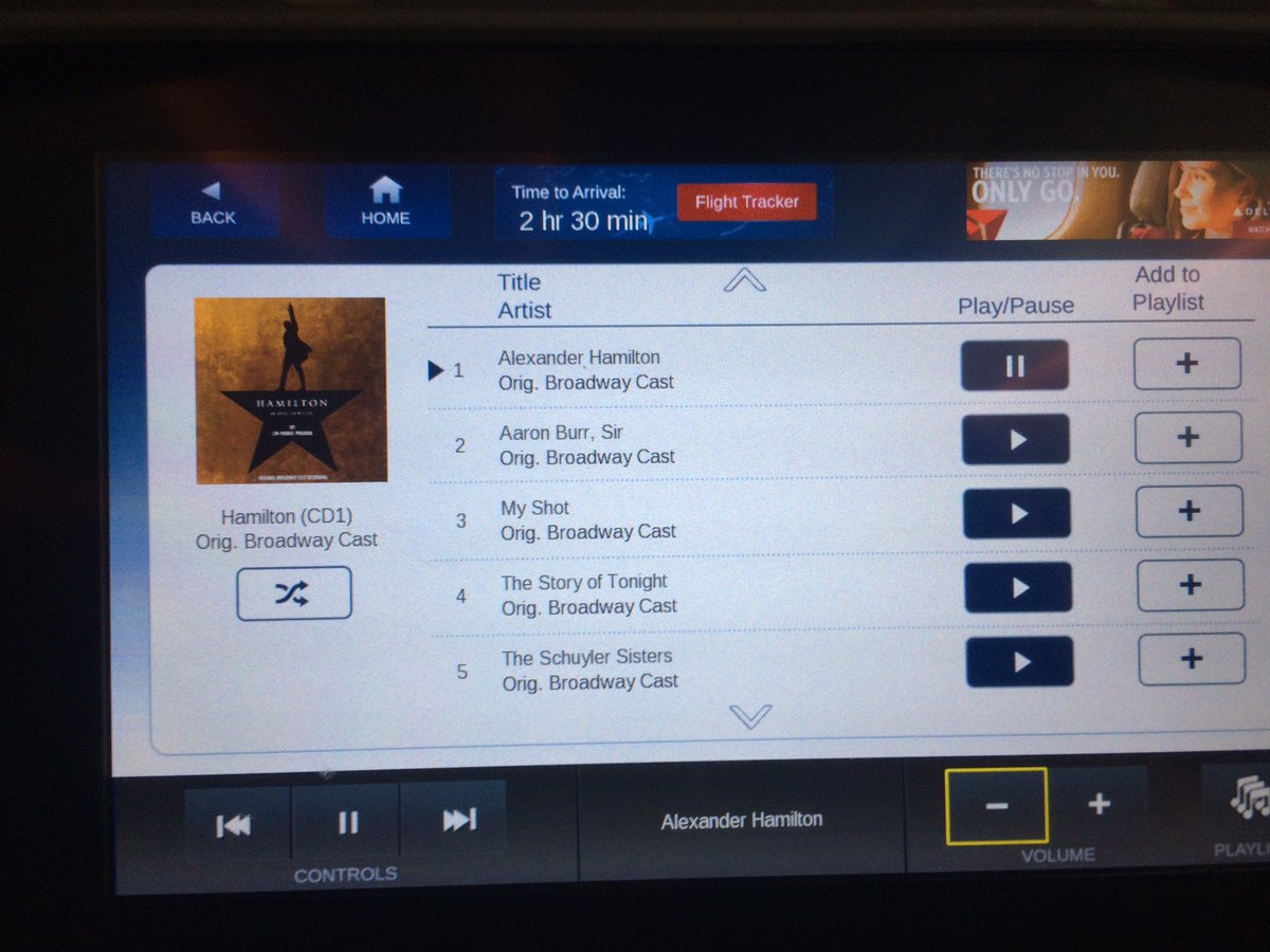 ReneeChefskate's tweet photo. Pretty awesome @Delta had @HamiltonMusical as in flight entertainment. #HamilFlight 🎶 https://t.co/0p5he9P0u0