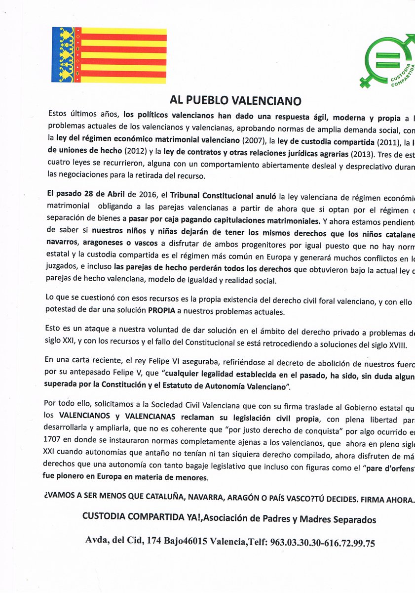 PilarMarcoBalle's tweet photo. POR NUESTRO DERECHO A LEGISLAR EN CIVIL, Valencianos y valencianas ven los sábados a la plaza de la virgen y firma https://t.co/VeYcicAPPj
