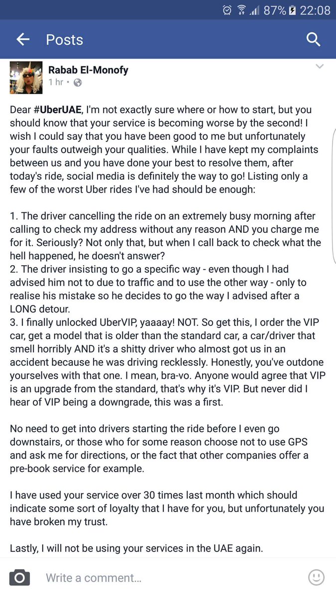 Eshteki's tweet photo. "I will never use #uber service in #uae again" says Rabab - an angry customer. #eshteki https://t.co/TUc7XWNKQZ