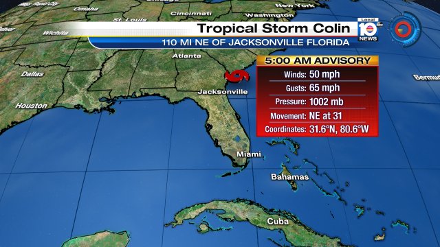 As of the 5am, Tropical Storm Colin still has maximum sustained winds at 50mph & is racing towards the NE at 31mph https://t.co/PVpB9NAVK1