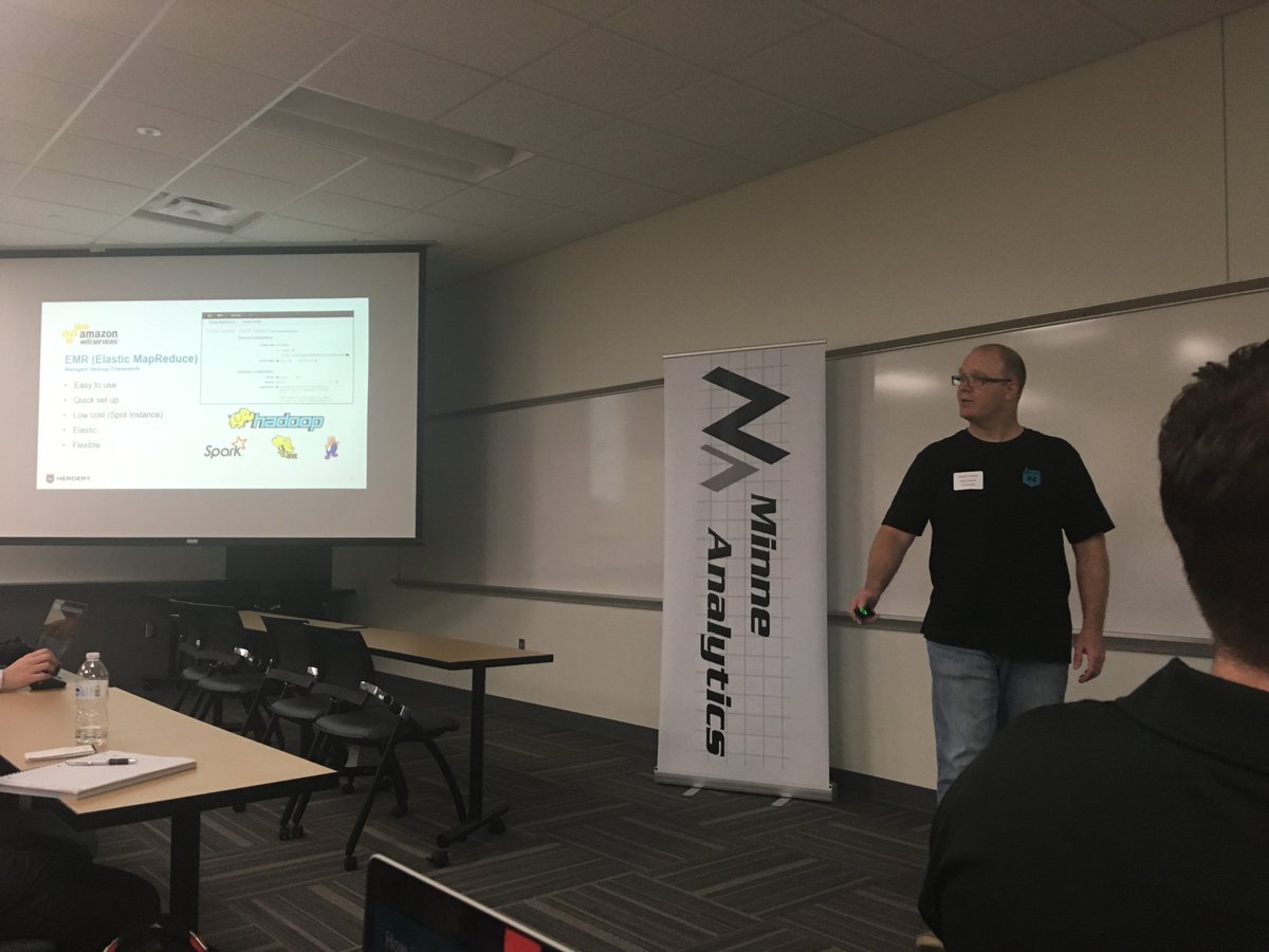Nerdery's tweet image. Nerd Chad Dvoracek presenting on RStudio Server on Amazon EMR at @MinneAnalytics #BigDataTech.