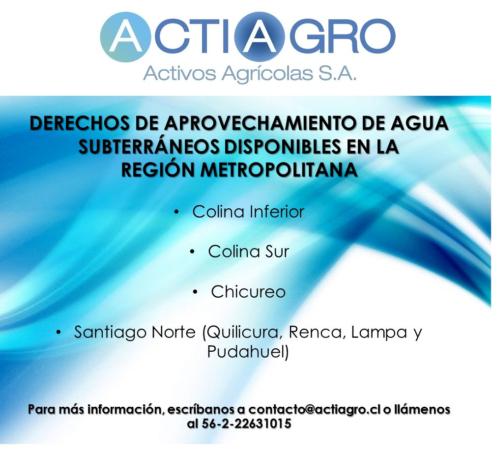 Actiagro's tweet photo. Derechos de Agua Subterráneos disponibles en la Región Metropolitana. Más info a contacto@actiagro.cl https://t.co/7X1nbfdeuM