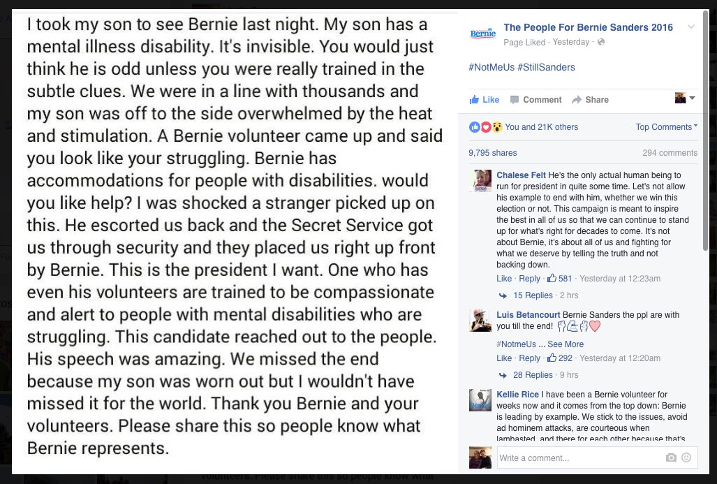 NutrCareAutism's tweet photo. A moving account of attending a #California #Bernie rally by a parent of a #specialneeds son. #autism @writeinbernie https://t.co/yHznsHecMd
