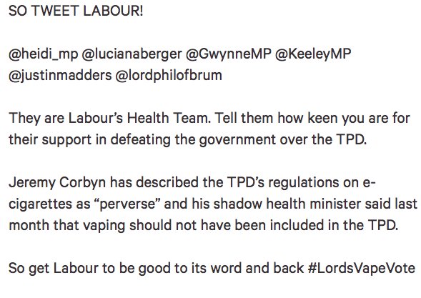 Campaign100K's tweet photo. Have you all tweeted to Labour's Health Team asking them to back #LordsVapeVote? Every little help - every min count https://t.co/GpWc1Dz4xM