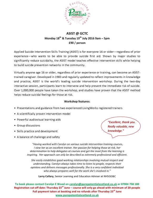 thegctc's tweet photo. Hosting an @ASIST_Training course in Glasgow @thegctc.July 18th-19th. Email carolyn@purepotentialscotland.co.uk https://t.co/W0gmLoWMtx