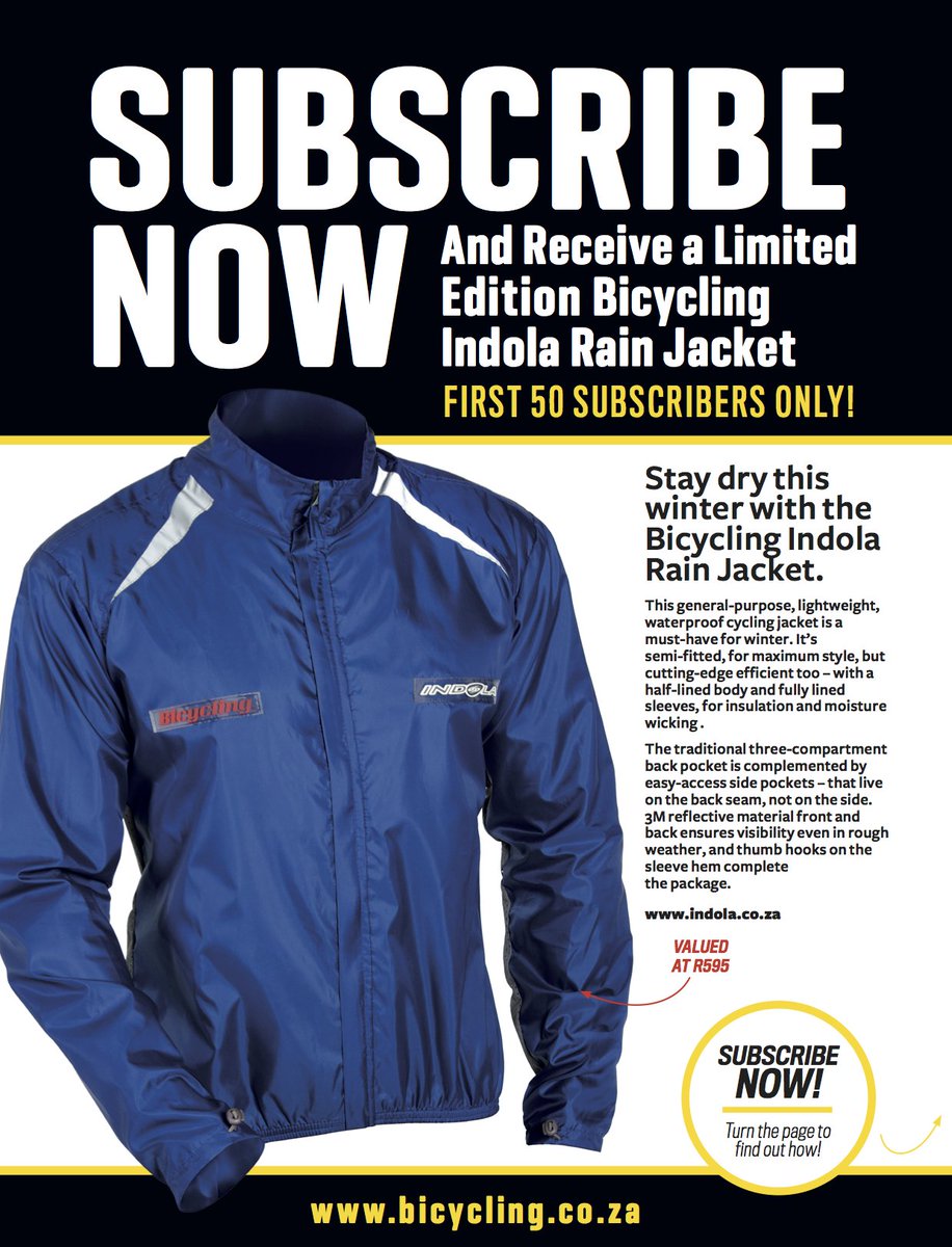 With <a href="/Bicycling_SA/">Bicycling SA</a> we're giving away 50 jackets. Subscribe now to this awesome mag. bicycling.co.za/subscribe-now/ #indola